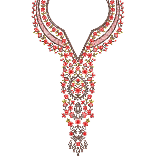 Elegant Red Floral V-Neckline and Ornamental Pendant Embroidery Design
