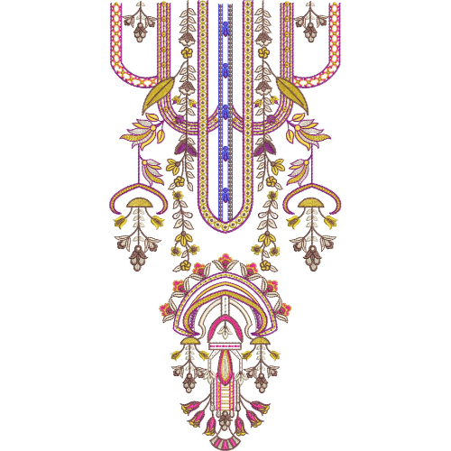 Elegant Multicolor Ornamental U-Shaped Neckline Embroidery Design