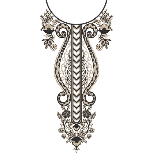 Elegant Black and Gold Paisley Floral Neckline Embroidery Design