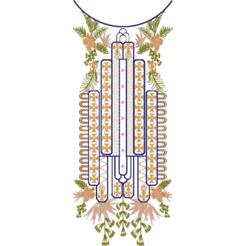 Elegant Blue and Gold Geometric Floral Neckline Embroidery Design