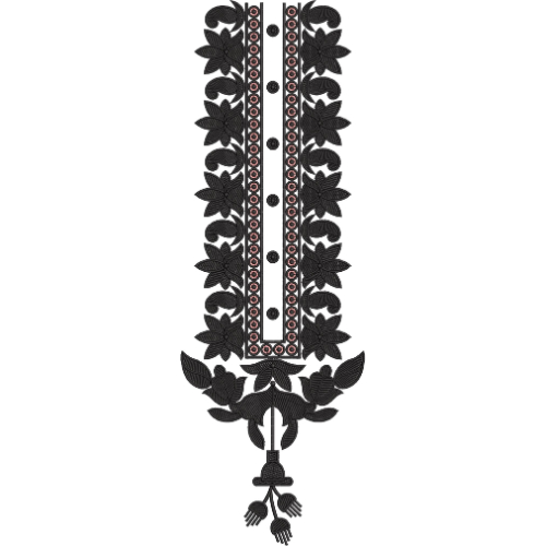 Elegant Black Floral and Ornamental Button Placket Embroidery Design