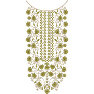 Elegant Olive Green Floral and Geometric Neckline Embroidery Design