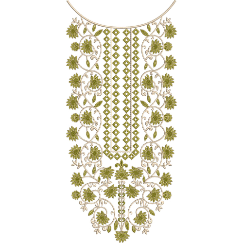 Elegant Olive Green Floral and Geometric Neckline Embroidery Design