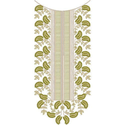 Elegant Olive Green Paisley and Geometric Neckline Embroidery Design