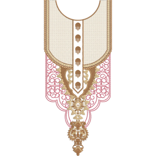 Elegant Gold and Pink Ornamental Button Placket Neckline Embroidery Design