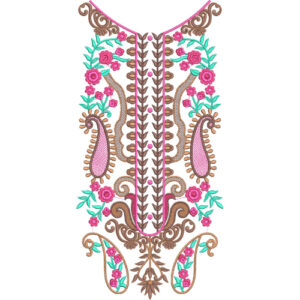 Elegant Pink Floral and Brown Paisley Neckline Embroidery Design