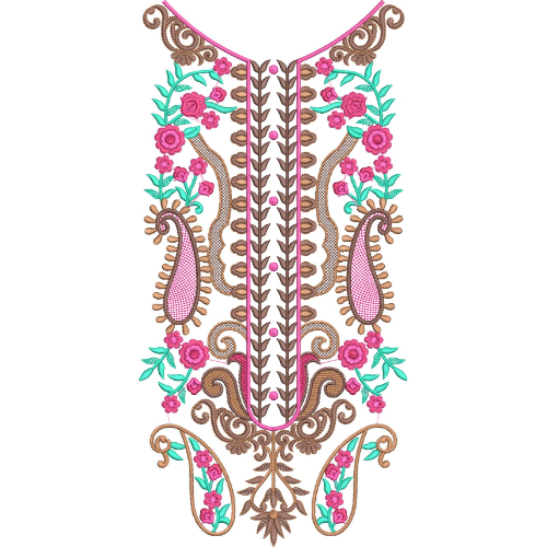 Elegant Pink Floral and Brown Paisley Neckline Embroidery Design