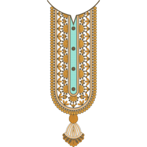 Elegant Turquoise and Gold Tassel U-Shaped Neckline Embroidery Design