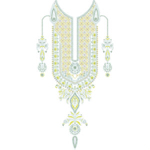 Elegant White, Gold and Mint Floral U-Shaped Neckline Embroidery Design