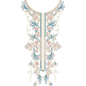 Elegant Pastel Floral and Blue Vine Long Neckline Embroidery Design