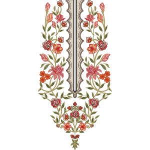 Elegant Coral Floral and Ornamental Scalloped Neckline Embroidery Design