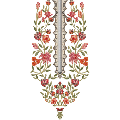 Elegant Coral Floral and Ornamental Scalloped Neckline Embroidery Design