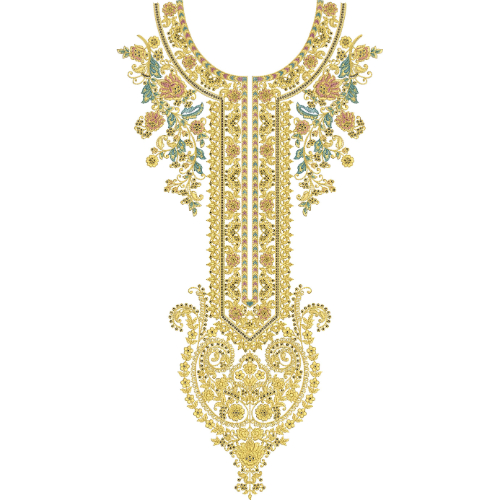 Elegant Gold Floral and Ornamental Long Neckline Embroidery Design