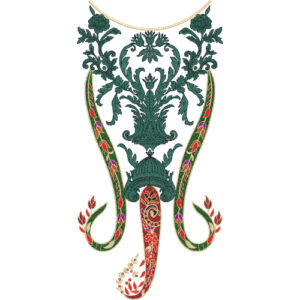 Elegant Teal Green and Red Paisley Floral Neckline Embroidery Design