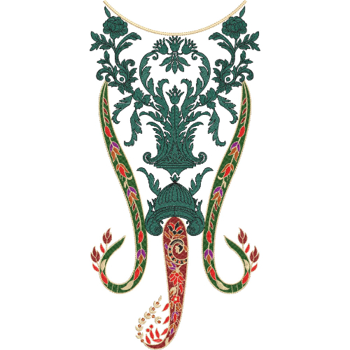 Elegant Teal Green and Red Paisley Floral Neckline Embroidery Design