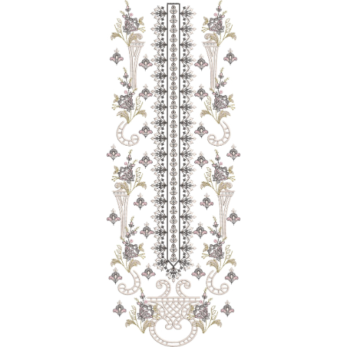 Elegant Multicolor Floral and Ornamental Vertical Neckline Embroidery Design