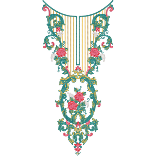 Elegant Teal Floral U-Neck Embroidery Design