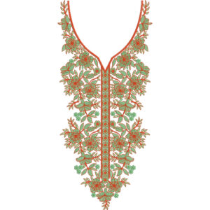 Beautiful Green and Orange Floral Neck Embroidery Design