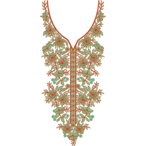 Beautiful Green and Orange Floral Neck Embroidery Design