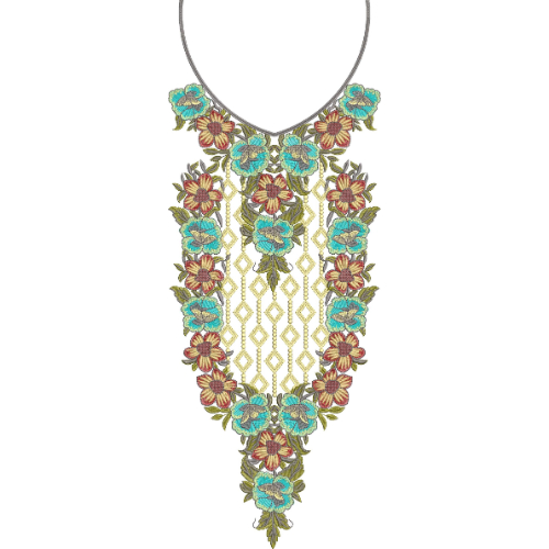 Elegant Turquoise and Maroon Floral Neck Embroidery Design