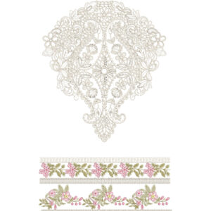 Vintage Lace Medallion and Floral Border Embroidery Design for Designer Dresses